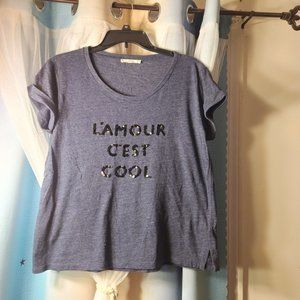 L'mour C'est Cool which means Love is Cool, blue tshirt with sequin letters